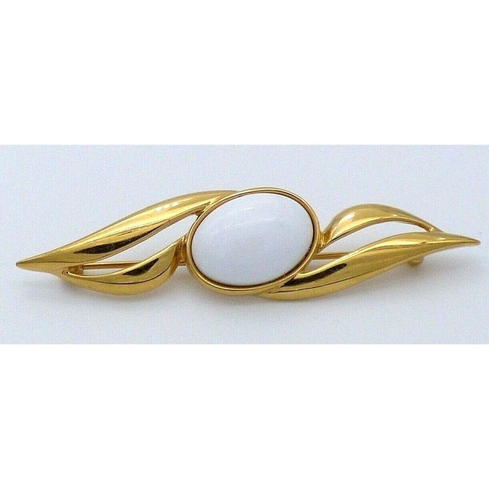 Monet White Cabochon Stone Bar Brooch Pin Gold Tone Metal Wave Design Vintage